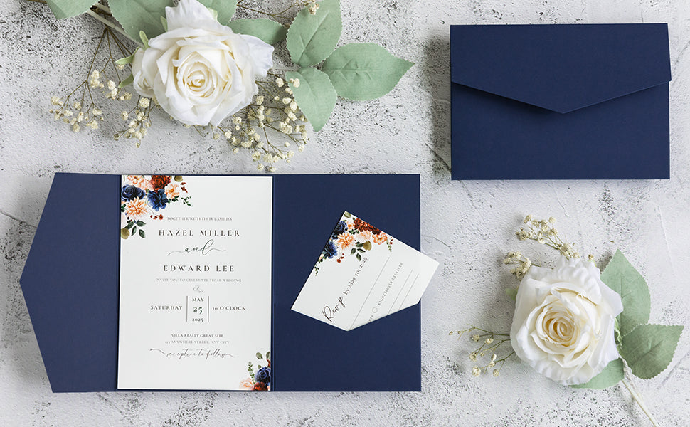 NingsPaper Navy Blue Triple Folded Wedding Invitation Pocket