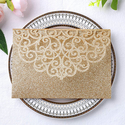 NingsPaper Gold Glitter Triple Folded Laser Cut Wedding Invitation Pocket