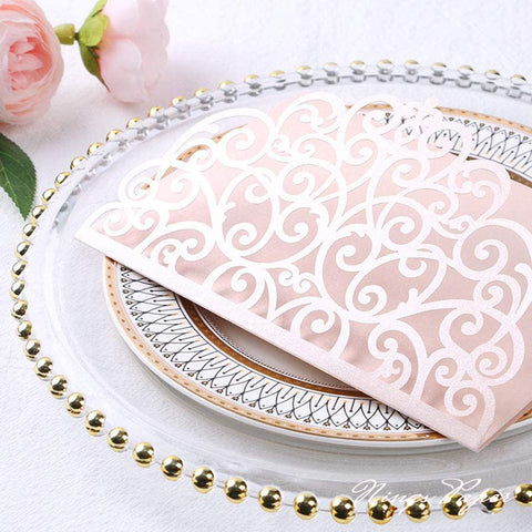 NingsPaper Blush Pink Triple Fold Laser Cut Wedding Invitation Pocket