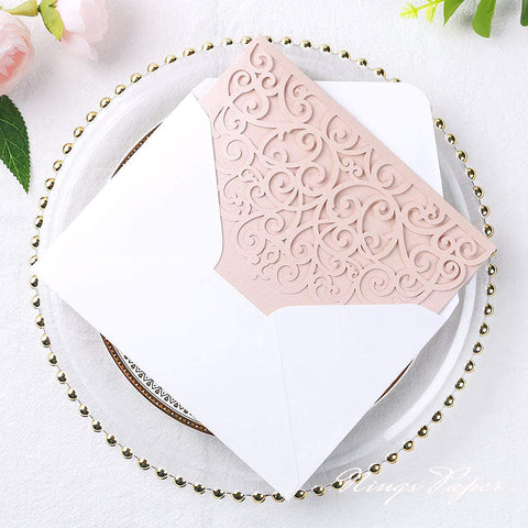 NingsPaper Blush Pink Triple Fold Laser Cut Wedding Invitation Pocket