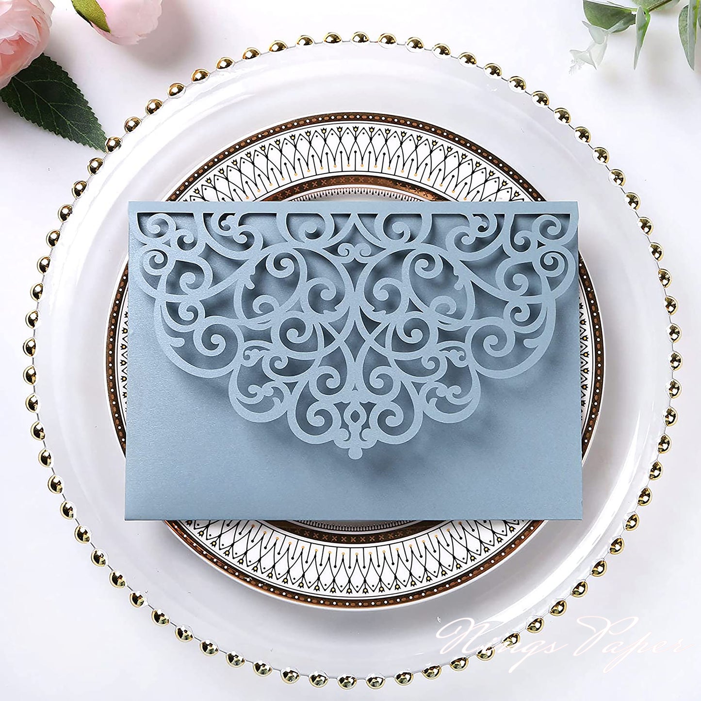 NingsPaper Dusty Blue Triple Folded Laser Cut Wedding Invitation Pocket
