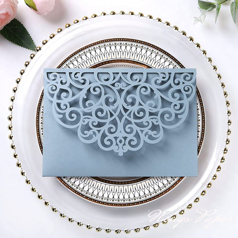 NingsPaper Dusty Blue Triple Folded Laser Cut Wedding Invitation Pocket