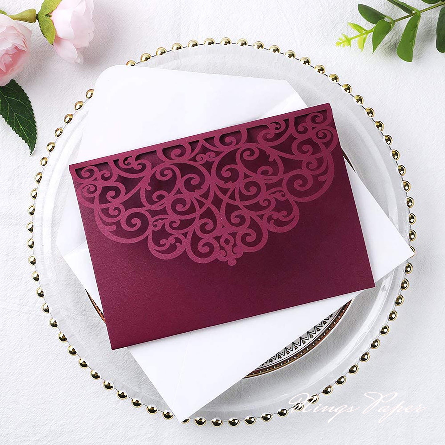 NingsPaper Burgundy Triple Folded Laser Cut Wedding Invitation Pocket