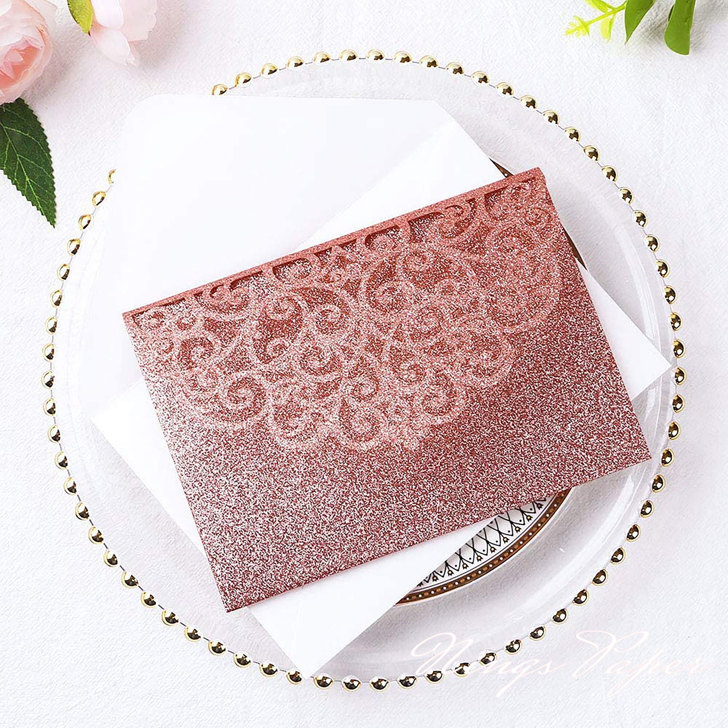 NingsPaper Rose Glitter Triple Folded Laser Cut Wedding Invitation Pocket