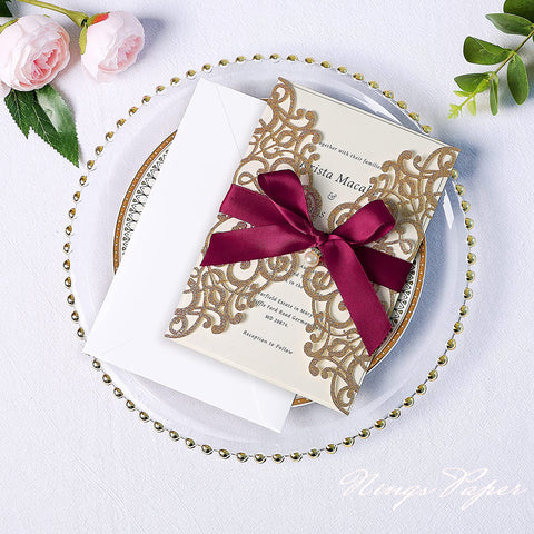 Gold Glitter Laser Cut Wedding Invitations Cards with Burgundy Bow-knot