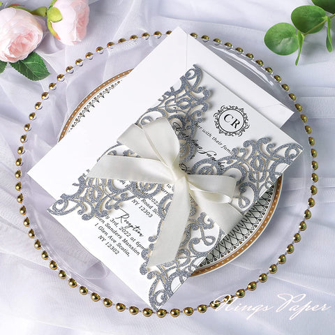 Silver Glitter Laser Cut Wedding Invitations Cards with Ivory Bow-knot