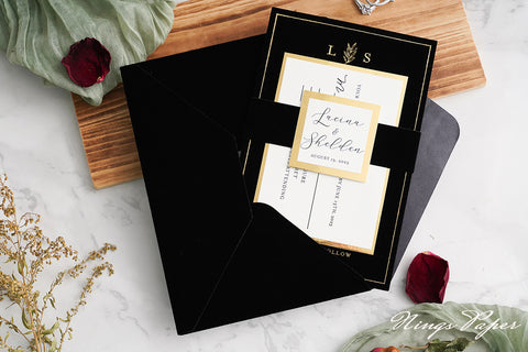 NingsPaper Black Gold Foil Print Velvet Wedding Invitation Cards with Envelopes