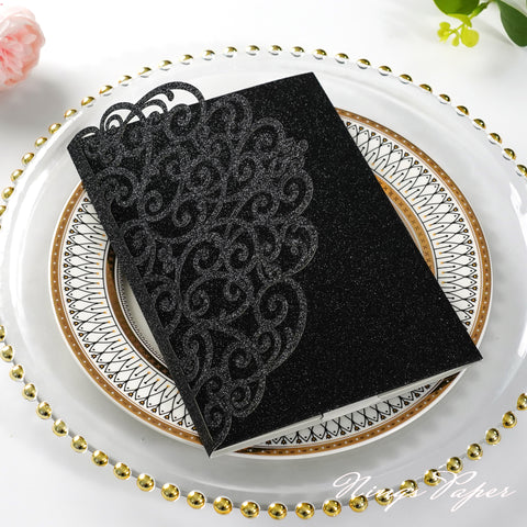 NingsPaper Black Glitter Triple Folded Laser Cut Wedding Invitation Pocket