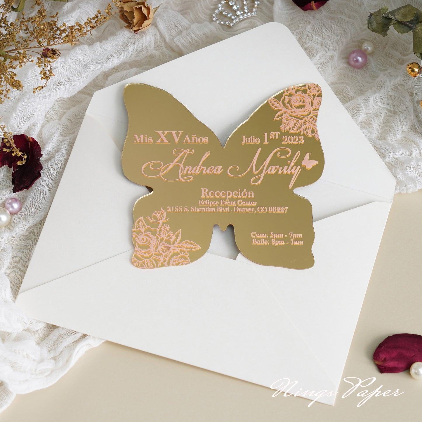 XV Años Invitations, Gold Butterfly Mirror Quinceañera Invitation Cards with Envelope-2mm/0.7"