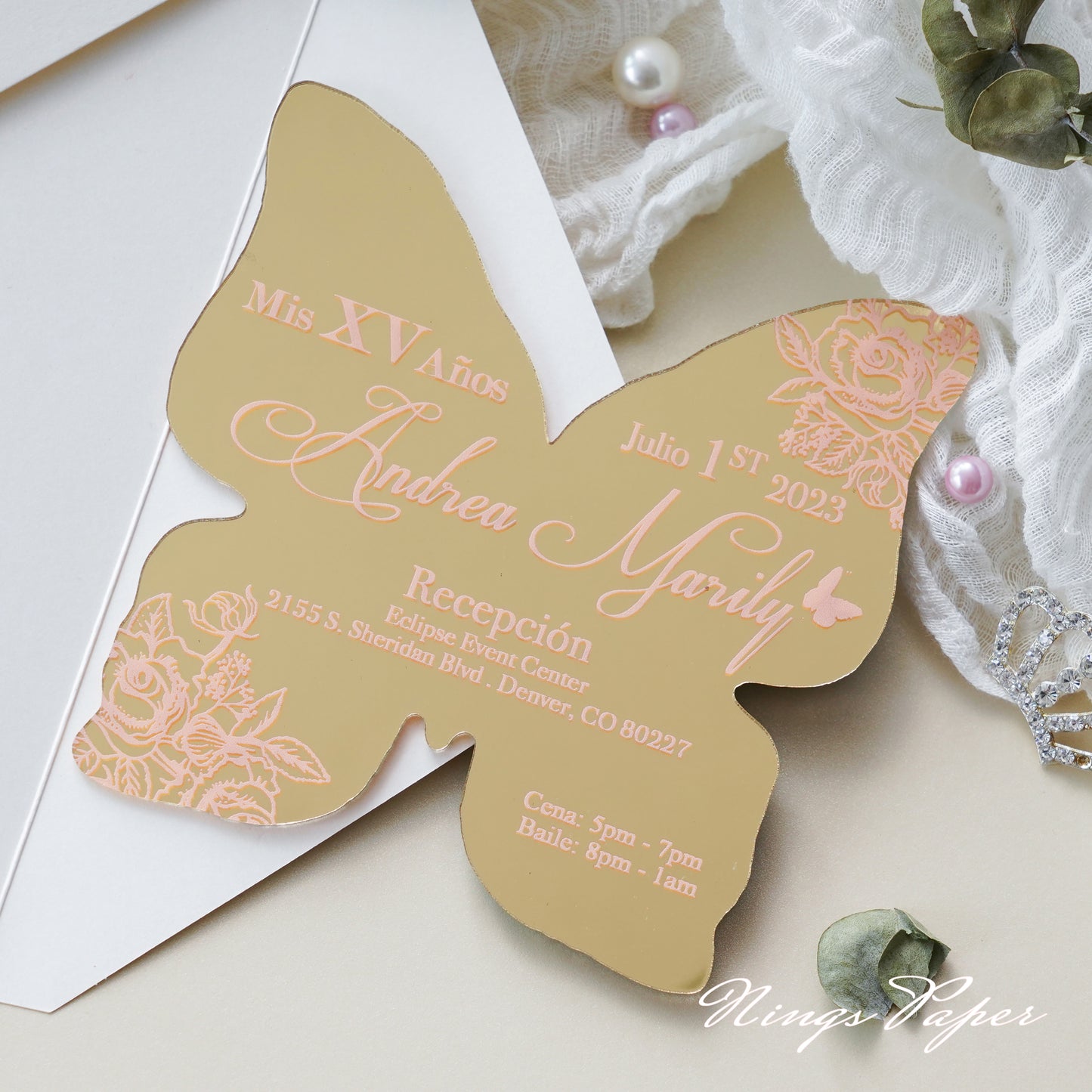 XV Años Invitations, Gold Butterfly Mirror Quinceañera Invitation Cards with Envelope-2mm/0.7"