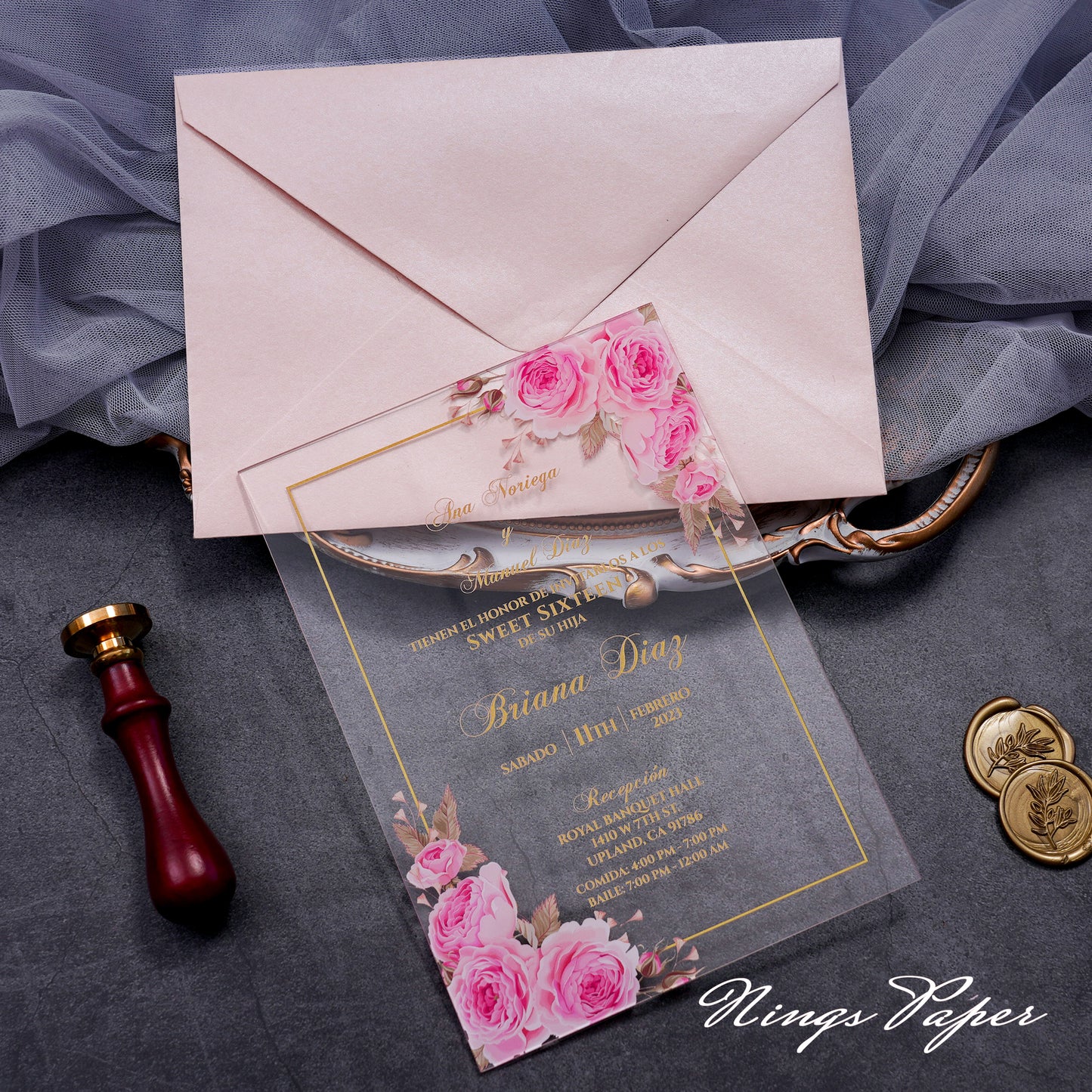 1mm/0.04" Pink Clear Acrylic Quinceanera Invitation Cards with Envelopes
