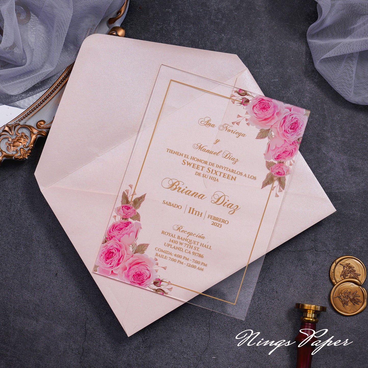 1mm/0.04" Pink Clear Acrylic Quinceanera Invitation Cards with Envelopes