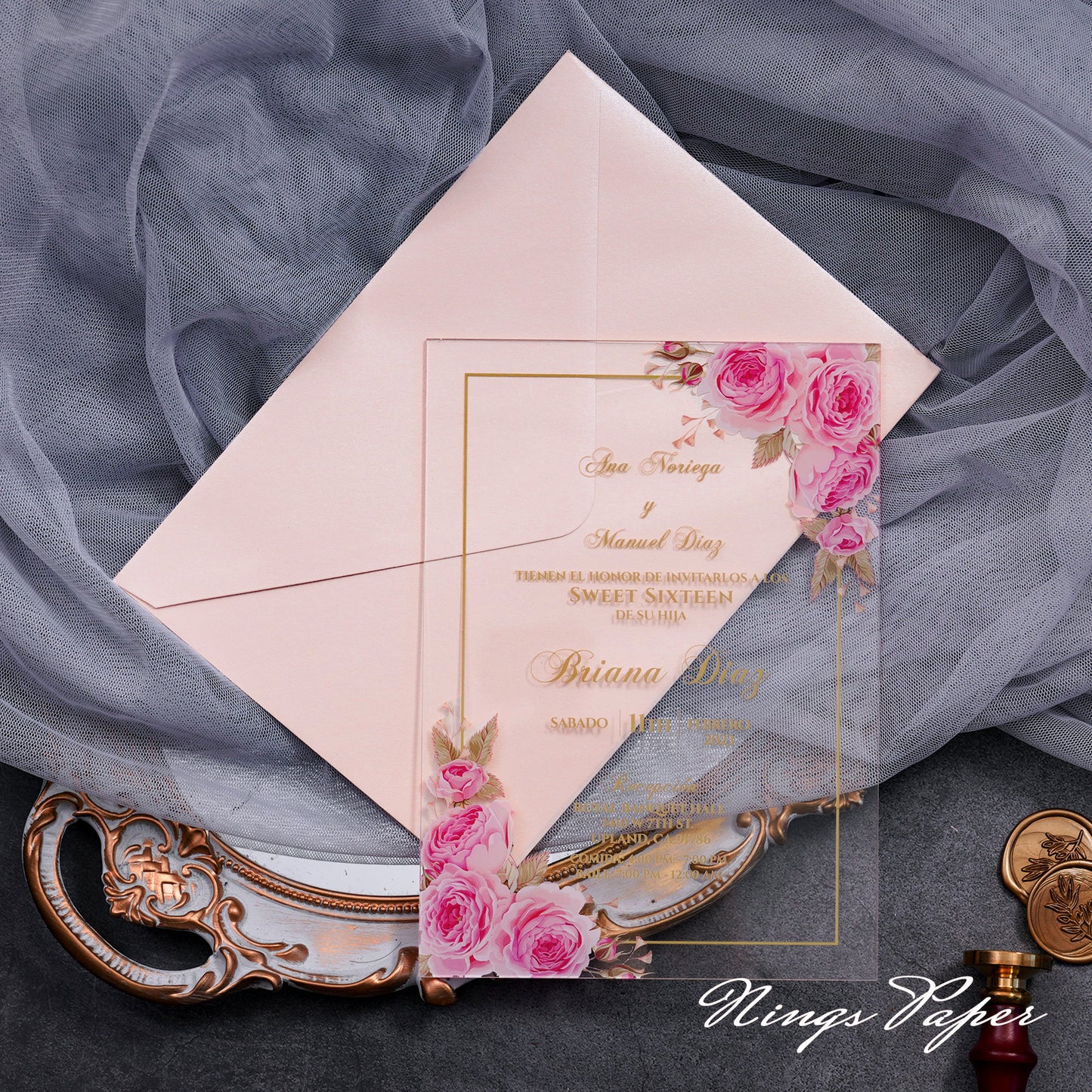1mm/0.04" Pink Clear Acrylic Quinceanera Invitation Cards with Envelopes
