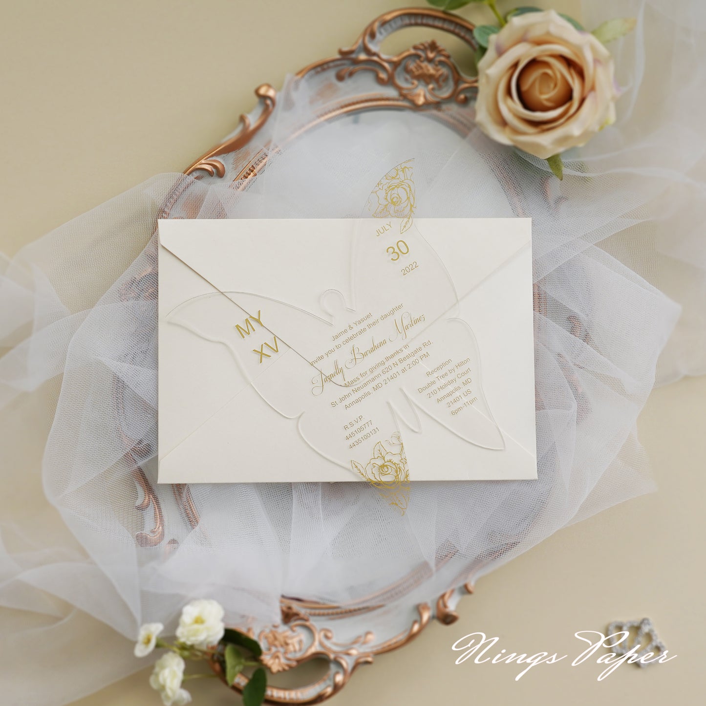 1mm/0.04" Gold Butterfly Clear Acrylic Quinceanera Invitation Card with Envelope