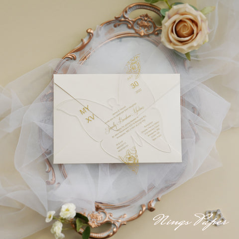 1mm/0.04" Gold Butterfly Clear Acrylic Quinceanera Invitation Card with Envelope