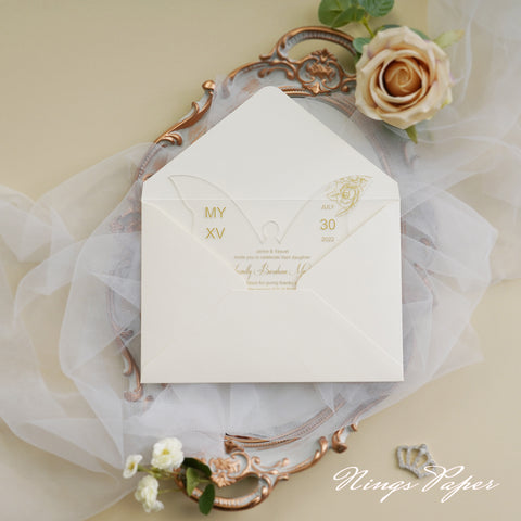 1mm/0.04" Gold Butterfly Clear Acrylic Quinceanera Invitation Card with Envelope
