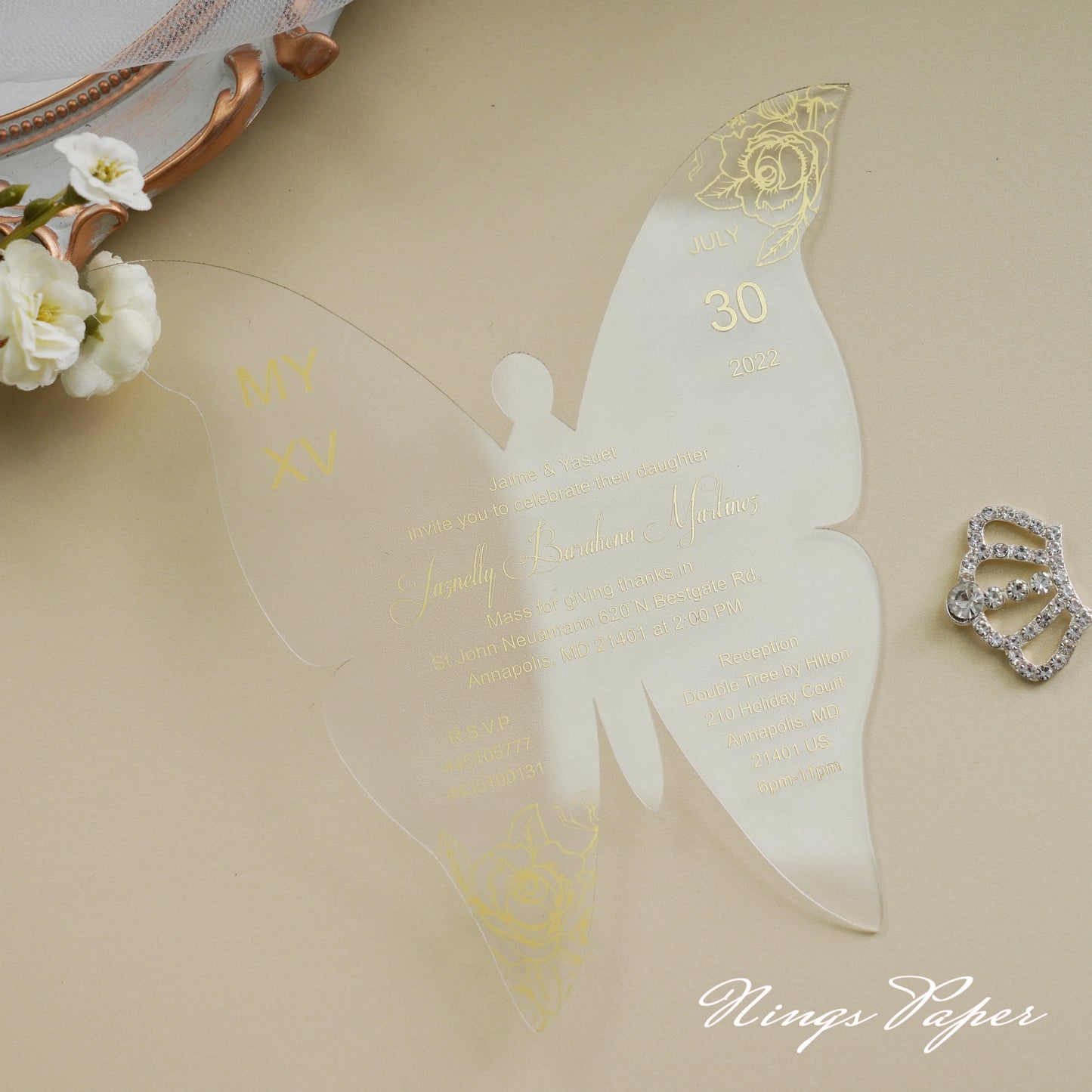1mm/0.04" Gold Butterfly Clear Acrylic Quinceanera Invitation Card with Envelope