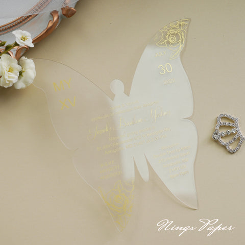 1mm/0.04" Gold Butterfly Clear Acrylic Quinceanera Invitation Card with Envelope