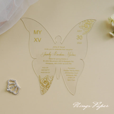 1mm/0.04" Gold Butterfly Clear Acrylic Quinceanera Invitation Card with Envelope