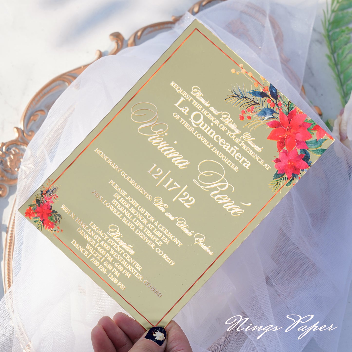 XV Años Invitations, Gold Mirror Acrylic Quinceañera Invitation Cards with Envelopes-2mm/0.7"