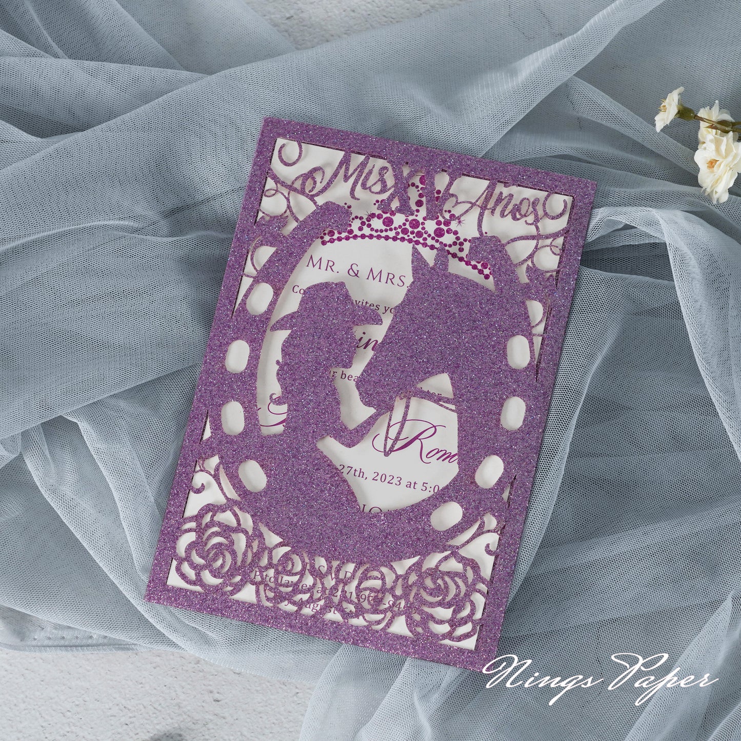 Purple Glitter Laser Cut Pocket Quinceañera Invitation Cards with Envelopes