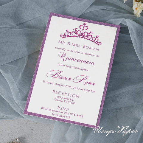 Purple Glitter Laser Cut Pocket Quinceañera Invitation Cards with Envelopes