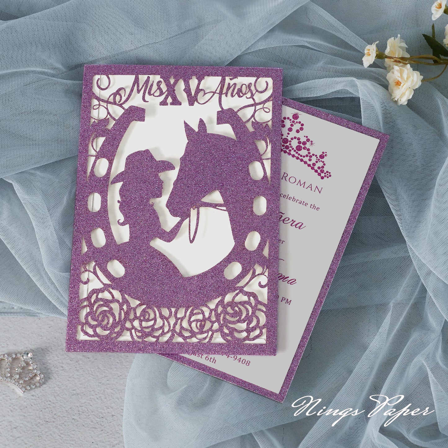Purple Glitter Laser Cut Pocket Quinceañera Invitation Cards with Envelopes