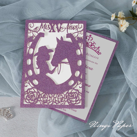 Purple Glitter Laser Cut Pocket Quinceañera Invitation Cards with Envelopes