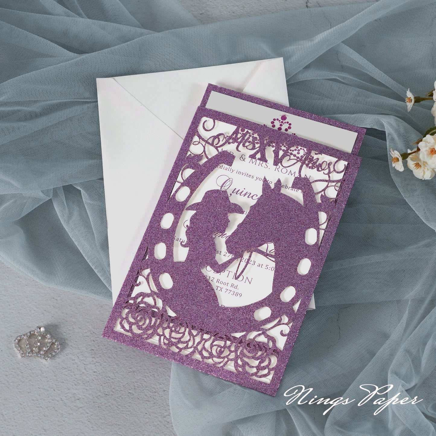 Purple Glitter Laser Cut Pocket Quinceañera Invitation Cards with Envelopes