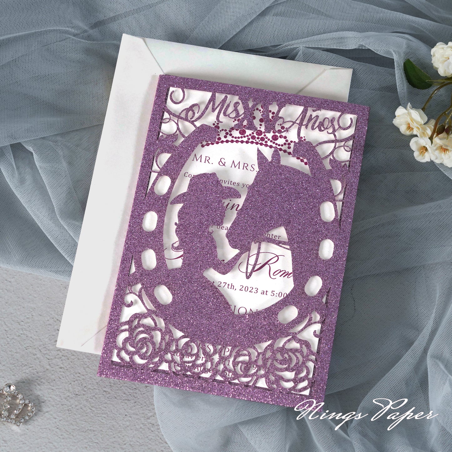 Purple Glitter Laser Cut Pocket Quinceañera Invitation Cards with Envelopes
