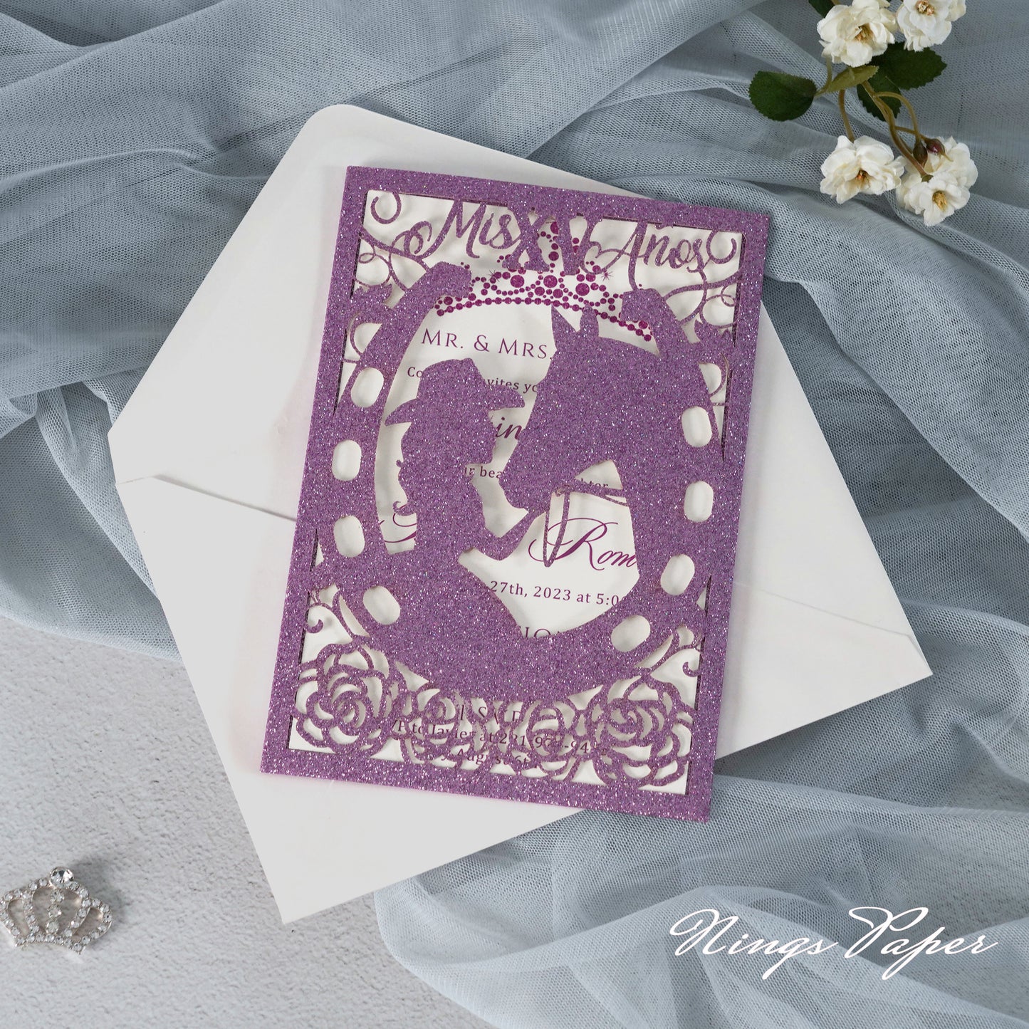 Purple Glitter Laser Cut Pocket Quinceañera Invitation Cards with Envelopes