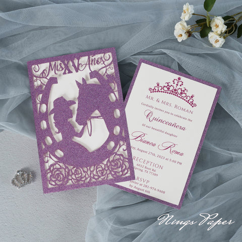 Purple Glitter Laser Cut Pocket Quinceañera Invitation Cards with Envelopes
