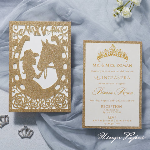 Gold Glitter Laser Cut Pocket Quinceañera Invitation Cards with Envelopes