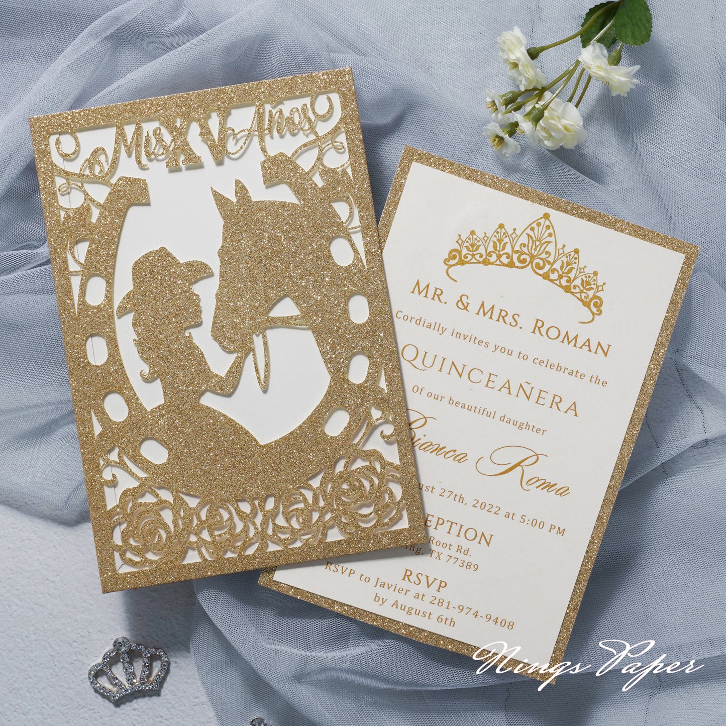Gold Glitter Laser Cut Pocket Quinceañera Invitation Cards with Envelopes