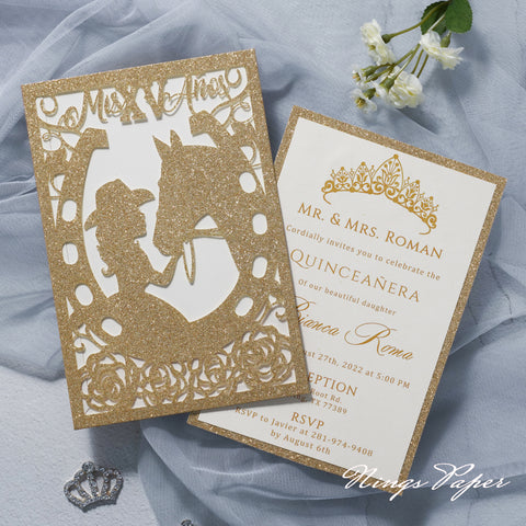 Gold Glitter Laser Cut Pocket Quinceañera Invitation Cards with Envelopes