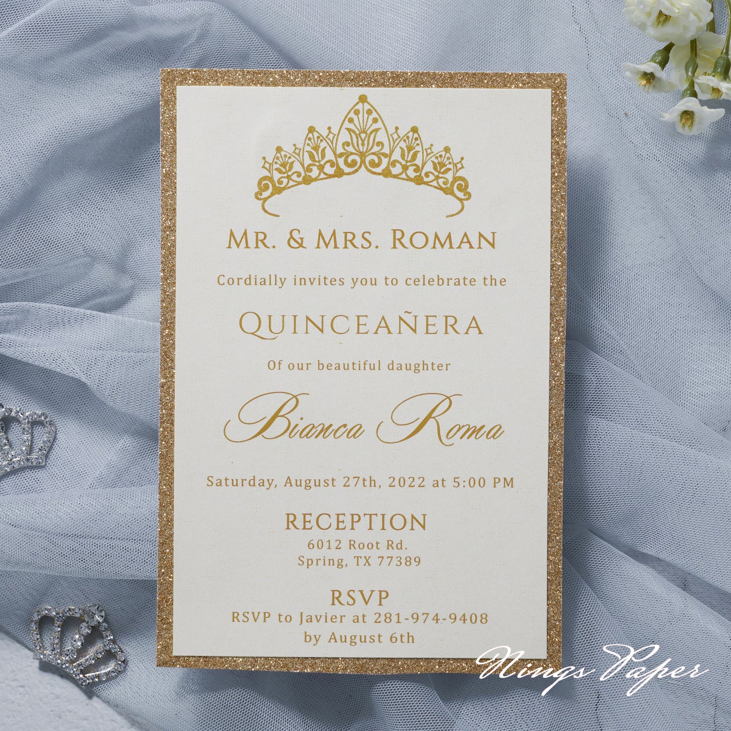 Gold Glitter Laser Cut Pocket Quinceañera Invitation Cards with Envelopes