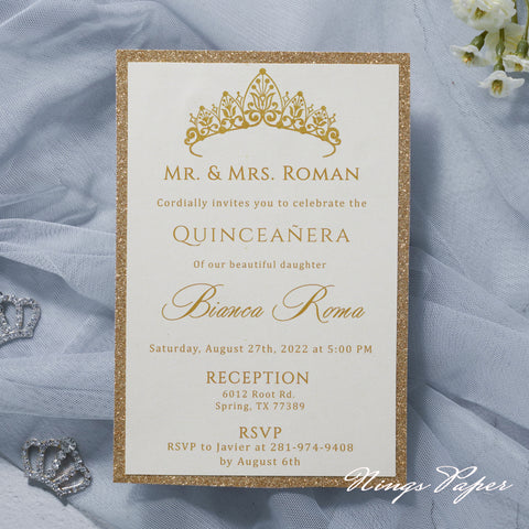 Gold Glitter Laser Cut Pocket Quinceañera Invitation Cards with Envelopes