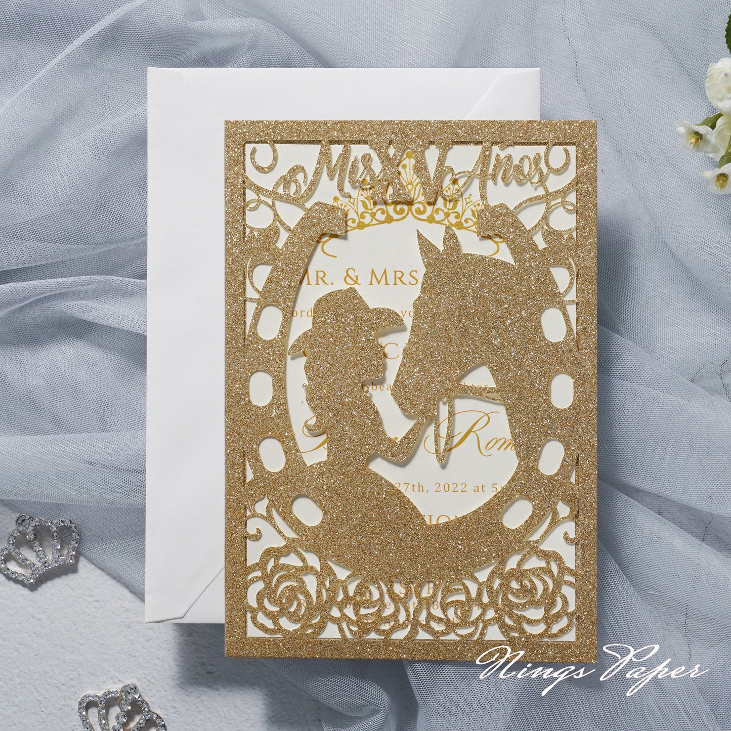 Gold Glitter Laser Cut Pocket Quinceañera Invitation Cards with Envelopes
