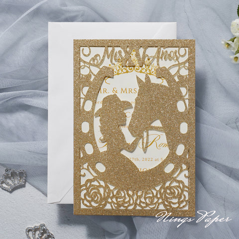 Gold Glitter Laser Cut Pocket Quinceañera Invitation Cards with Envelopes
