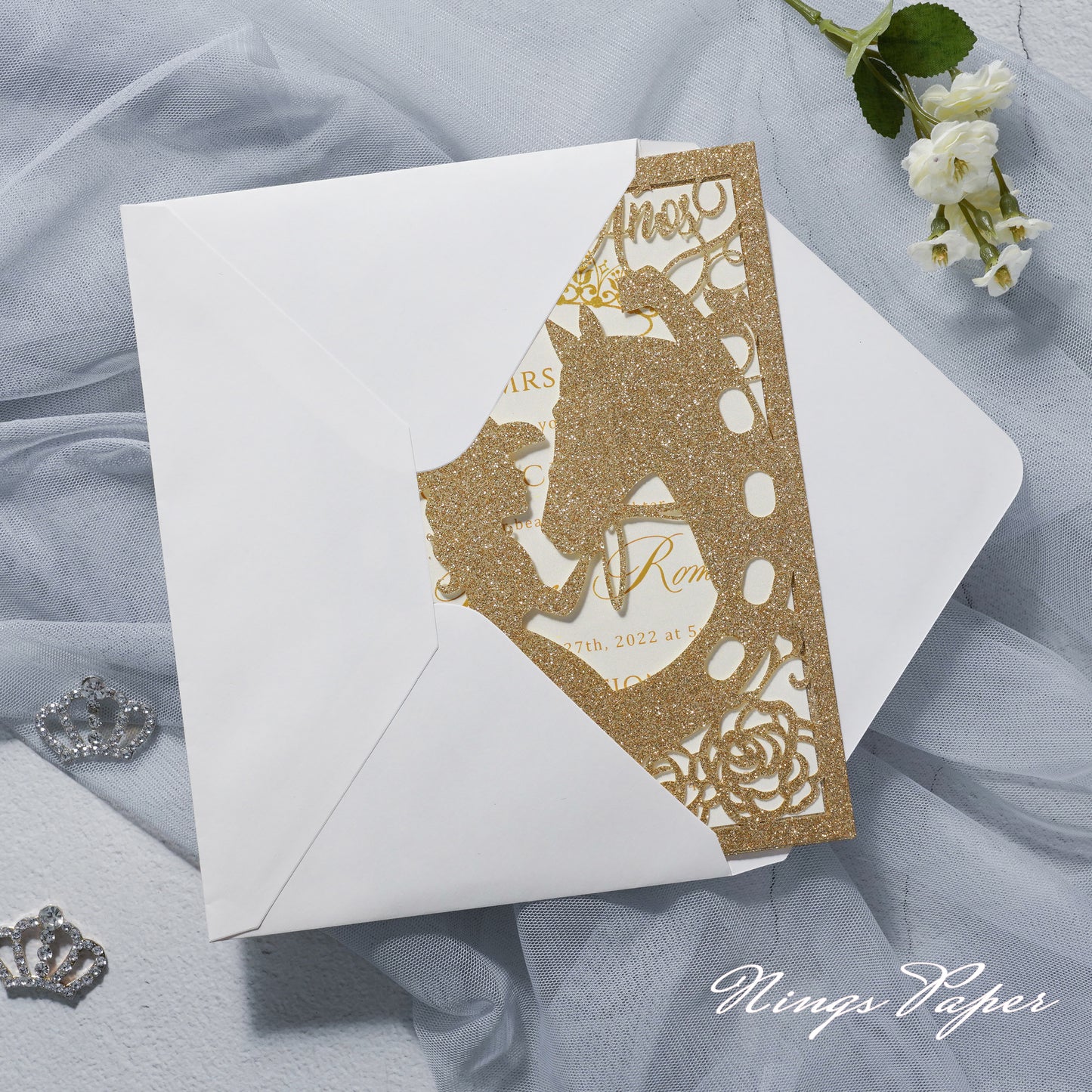 Gold Glitter Laser Cut Pocket Quinceañera Invitation Cards with Envelopes