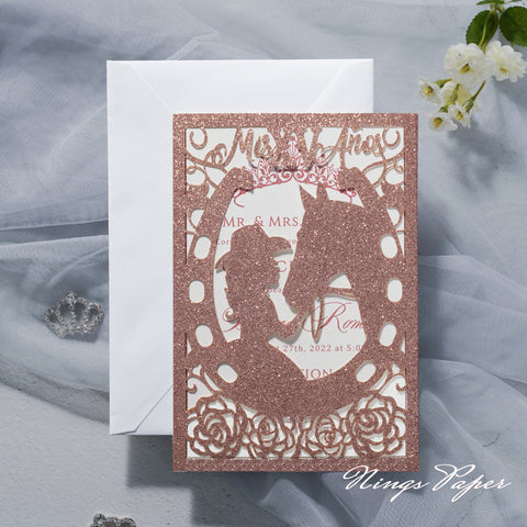 Rose Gold Glitter Laser Cut Pocket Quinceañera Invitation Cards with Envelopes