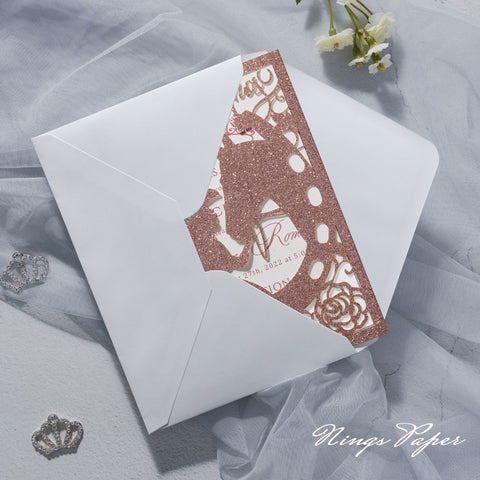Rose Gold Glitter Laser Cut Pocket Quinceañera Invitation Cards with Envelopes