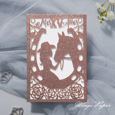 Rose Gold Glitter Laser Cut Pocket Quinceañera Invitation Cards with Envelopes