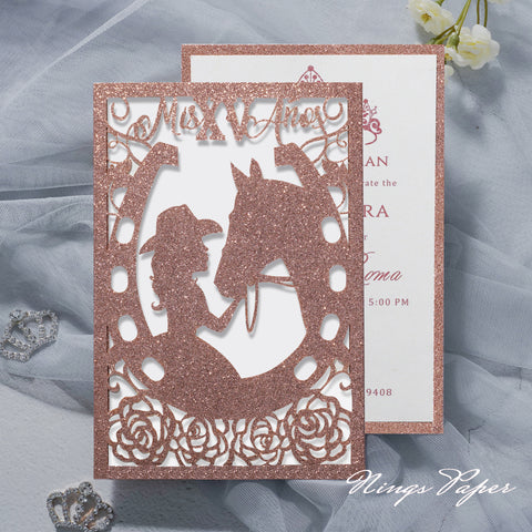 Rose Gold Glitter Laser Cut Pocket Quinceañera Invitation Cards with Envelopes