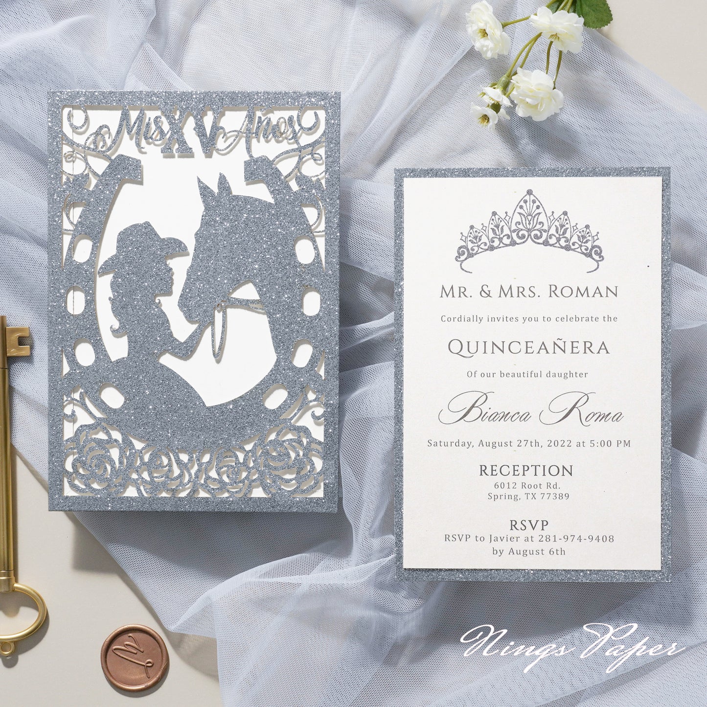 Silver Glitter Laser Cut Pocket Quinceañera Invitation Cards with Envelopes