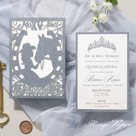 Silver Glitter Laser Cut Pocket Quinceañera Invitation Cards with Envelopes