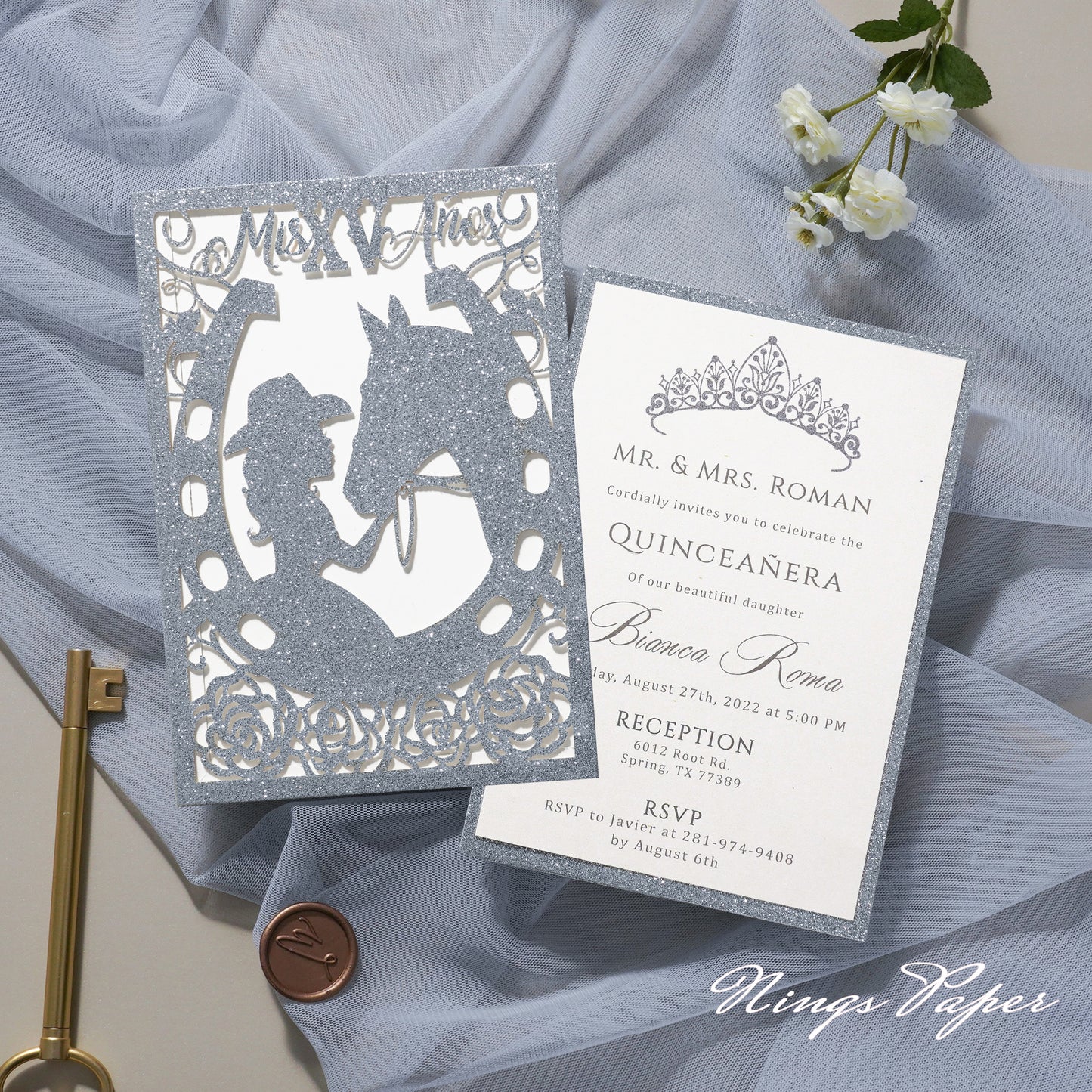 Silver Glitter Laser Cut Pocket Quinceañera Invitation Cards with Envelopes