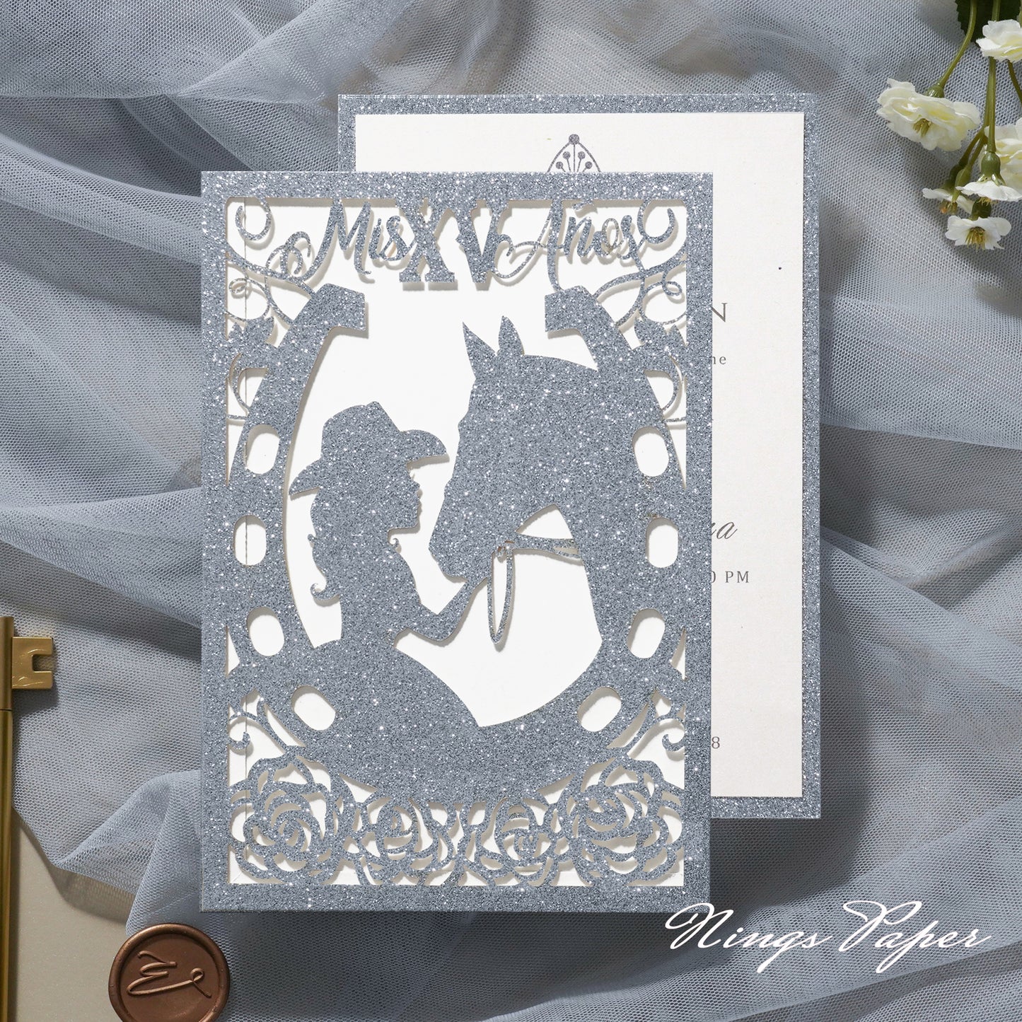 Silver Glitter Laser Cut Pocket Quinceañera Invitation Cards with Envelopes