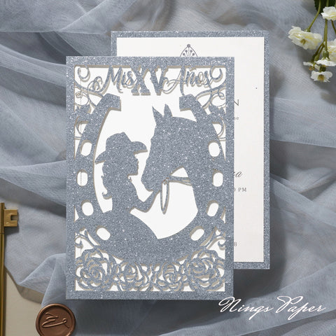Silver Glitter Laser Cut Pocket Quinceañera Invitation Cards with Envelopes