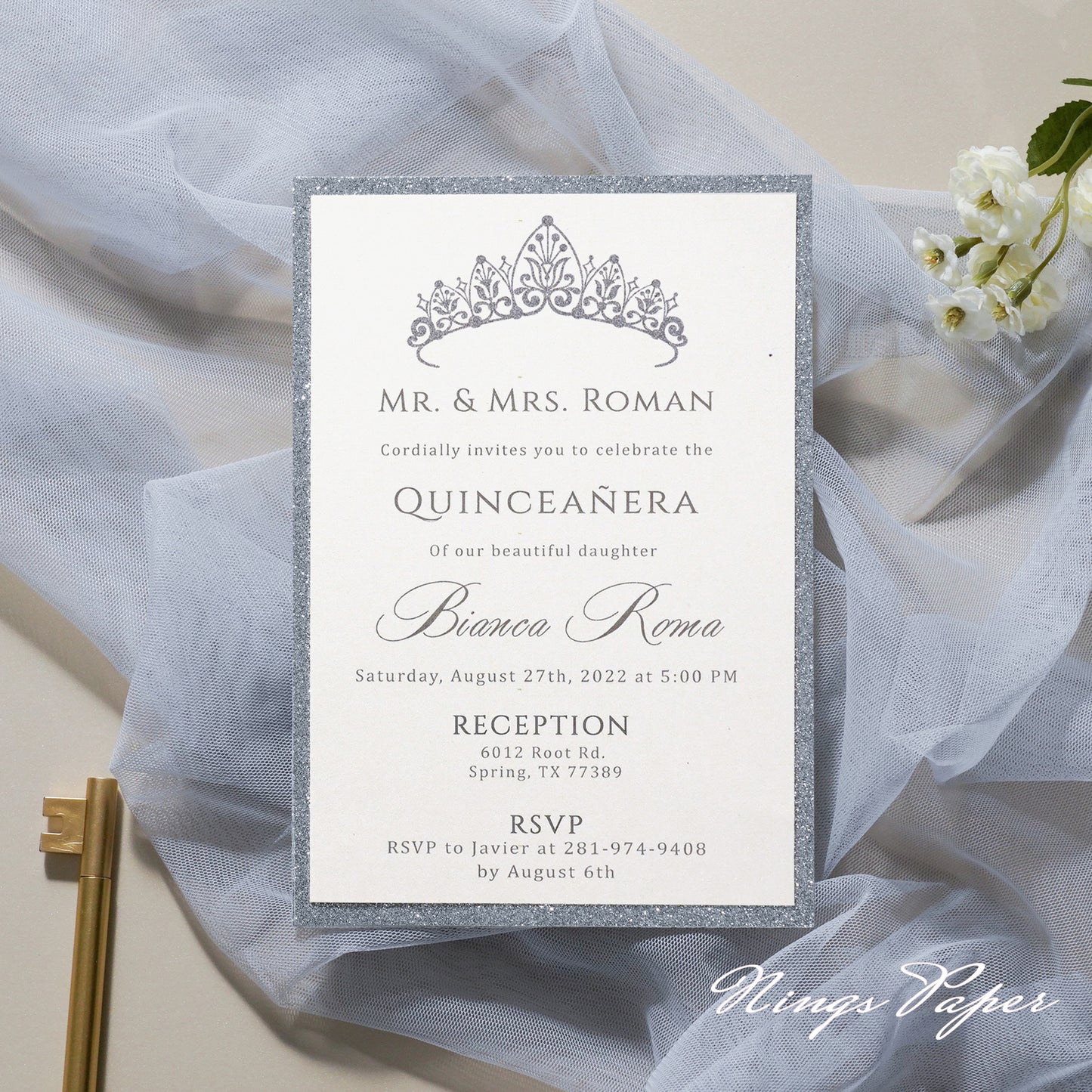 Silver Glitter Laser Cut Pocket Quinceañera Invitation Cards with Envelopes